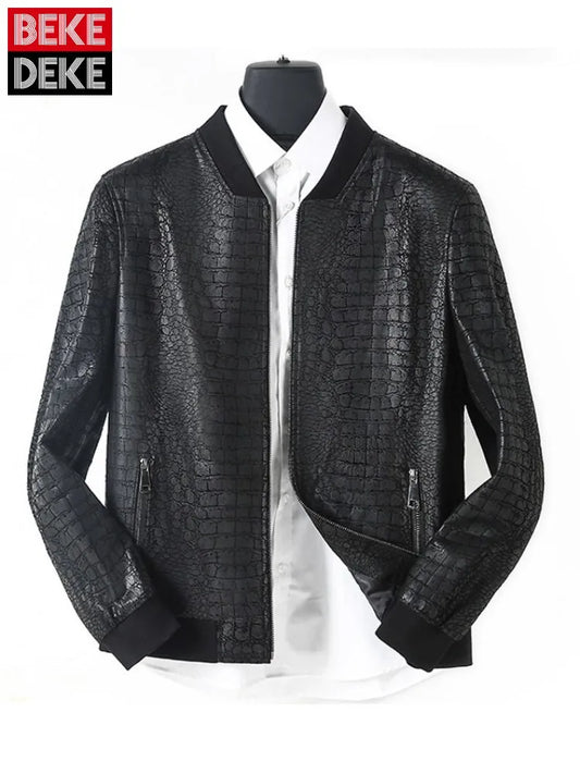Mens Business Casual Genuine Leather Jacket Slim Fit Fashion Crocodile Pattern Spring Autumn Men Sheepskin Short Coat Size 5XL
