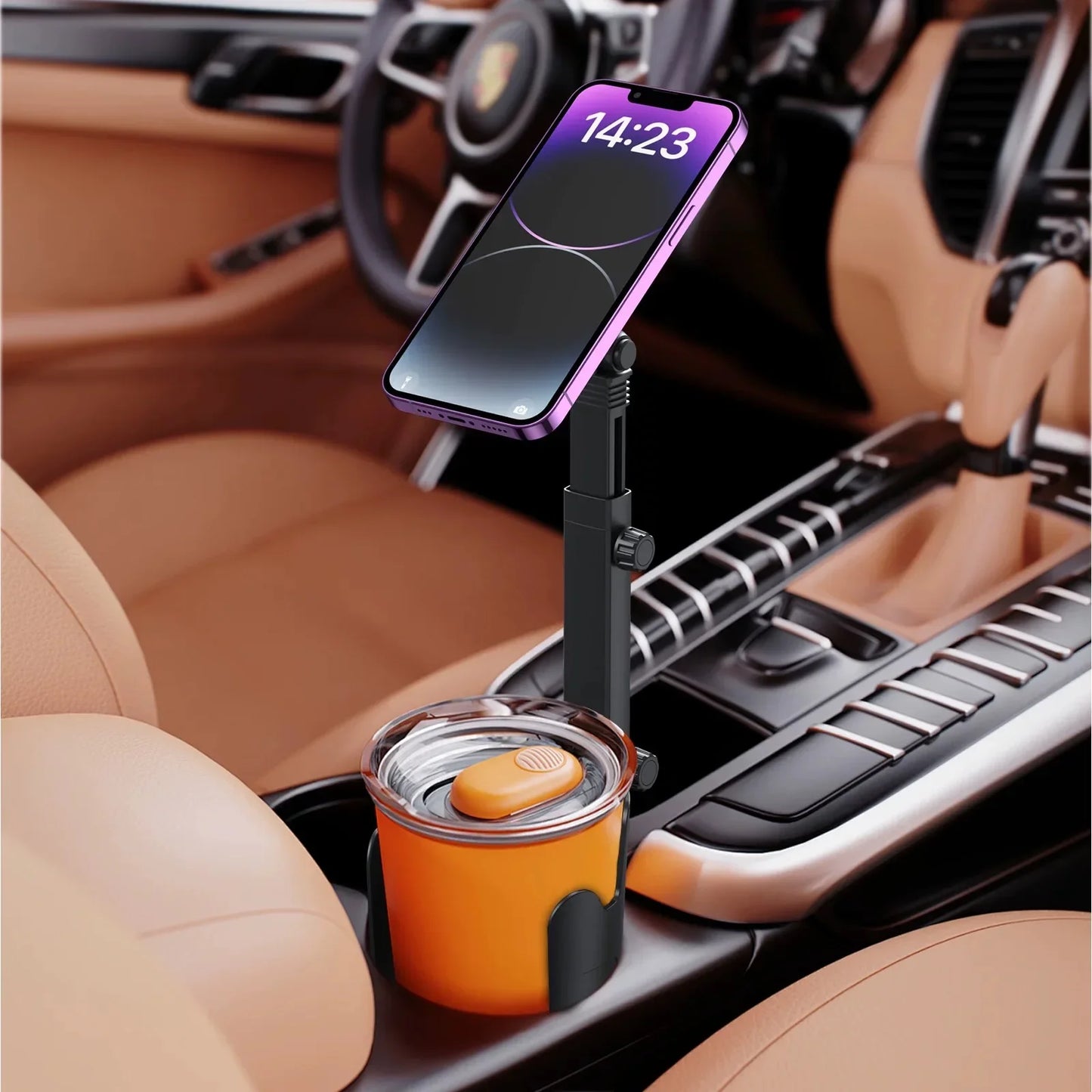 2-in-1 Car Cup Holder Phone Mount Dual Magnetic Adjustable Long Arm Universal Drink Stand for Cell Phones