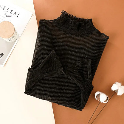 Elegant High Collar Lace Base Shirt Women's Long Sleeve Autumn Winter Fashion Inner Wear Polka Dot Mesh Top Straight Cut Holl...