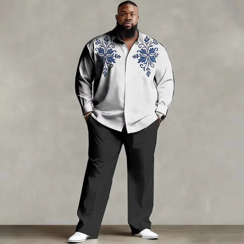 S-9XL Big & Tall Men's Vintage Print Shirt And Long Pants Loose Fit 2-Piece Set