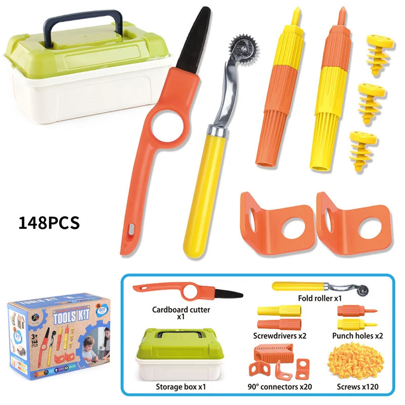 Cardboard Tools For Kids With Cutter& Tool Box- 148 PCS Construction Kit For Family& Team Activities Handmade Toys