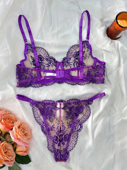 Floral Embroidery Transparent Lingerie Underwire Gather Ultra Thin Cup Sheer Bra Brief Set Pure Desire Women Intimate Nightwear