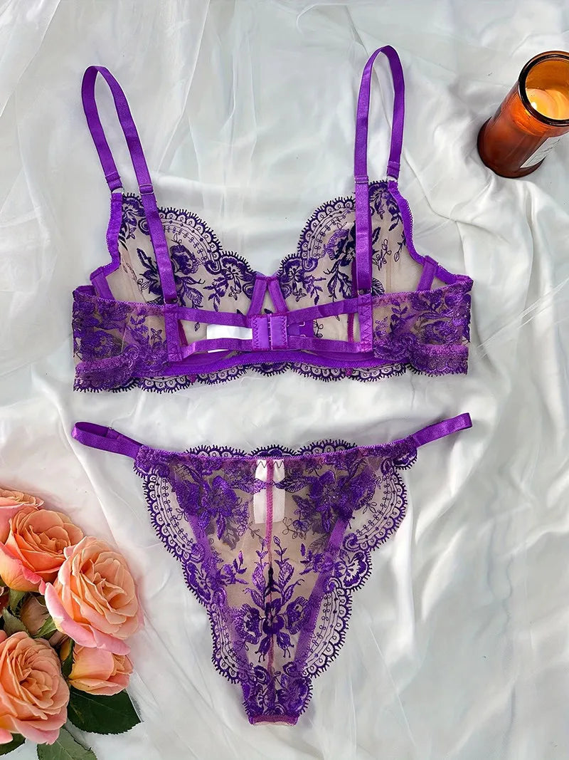 Red Ensemble Lingerie Broderie Florale Transparent Armature Push Up Coupe Ultra Fine Soutien-Gorge String Style Pure Désir Femme