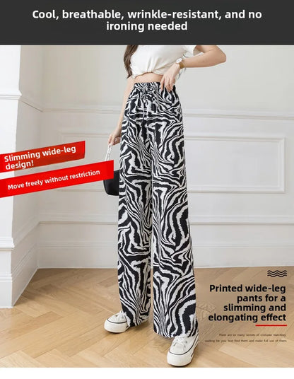 Summer Casual Loose Wide Leg Pants Women's Tie Dye Ink Ice Silk Loose Leopard Print Ethnic Style Long Pants Casual Trousers