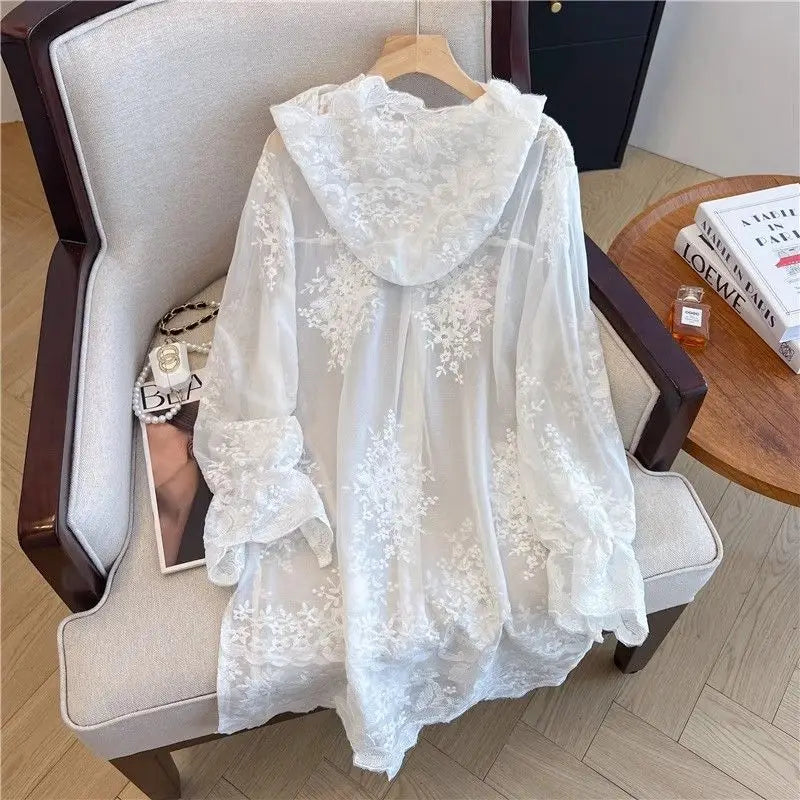 Elegant Thin Lace Hat Shirt Women's Loose Fit Summer 2025 plus Size Slimming Korean Style Long Sleeve Button up