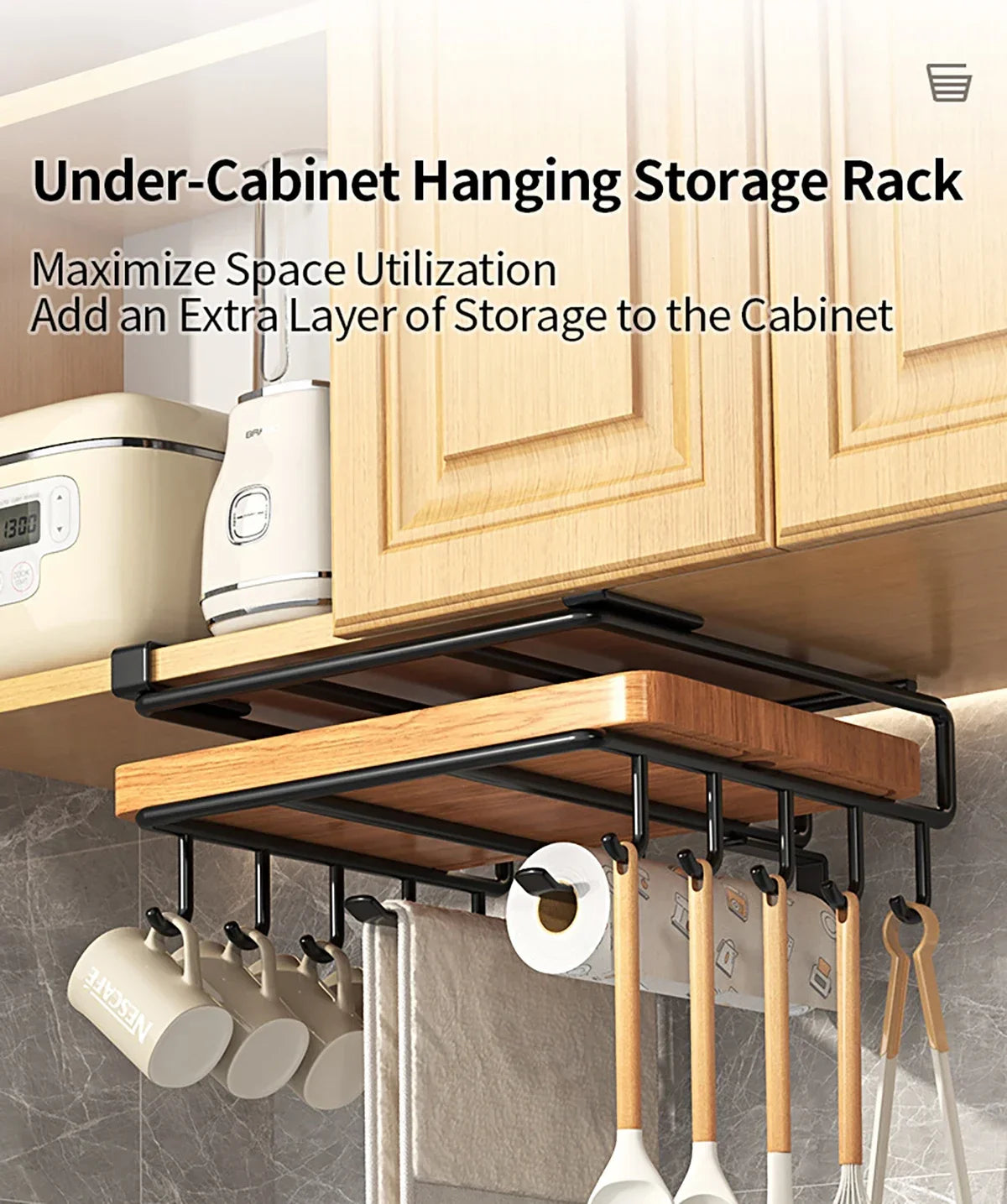 Installation-free Kitchen Cabinet Under Shelf No-Punch Large Capacity Storage Board Pot Cover Holder Towel Tissue Storage Rack
