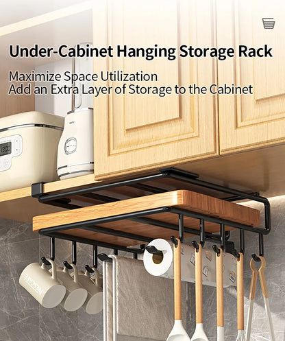 Installation-free Kitchen Cabinet Under Shelf No-Punch Large Capacity Storage Board Pot Cover Holder Towel Tissue Storage Rack