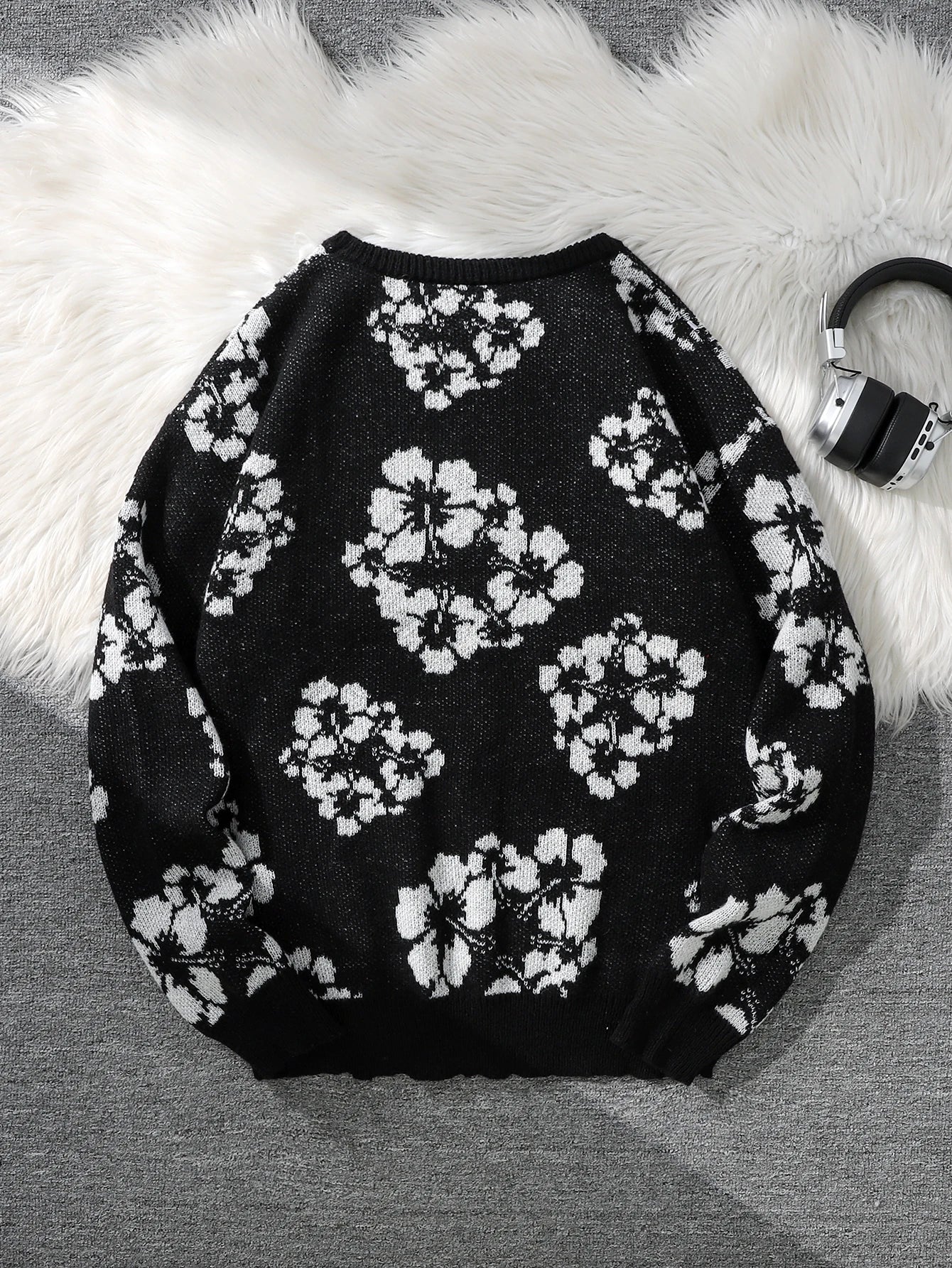 All-Over Floral Jacquard Pattern Pullover Sweater, Casual Crew Neck Knit Men's Pullover, Super Cool Winter Gift