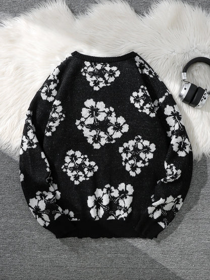 All-Over Floral Jacquard Pattern Pullover Sweater, Casual Crew Neck Knit Men's Pullover, Super Cool Winter Gift