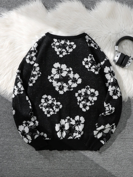 All-Over Floral Jacquard Pattern Pullover Sweater, Casual Crew Neck Knit Men's Pullover, Super Cool Winter Gift