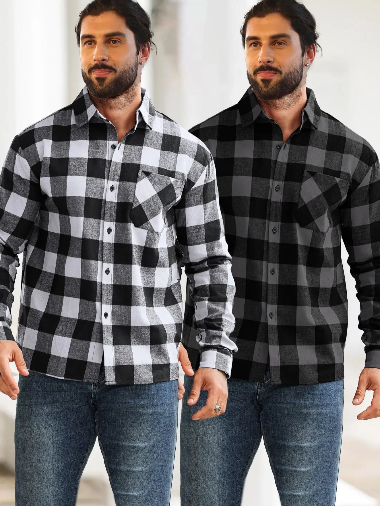 2-Piece Men's Multi-Pattern Plaid Shirt with Color Block Design, Single-Breasted with Pockets, Suitable for Layering or Wearing
