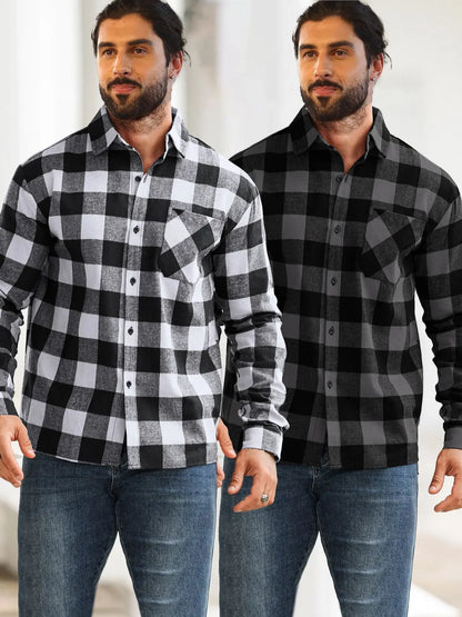 2-Piece Men's Multi-Pattern Plaid Shirt with Color Block Design, Single-Breasted with Pockets, Suitable for Layering or Wearing