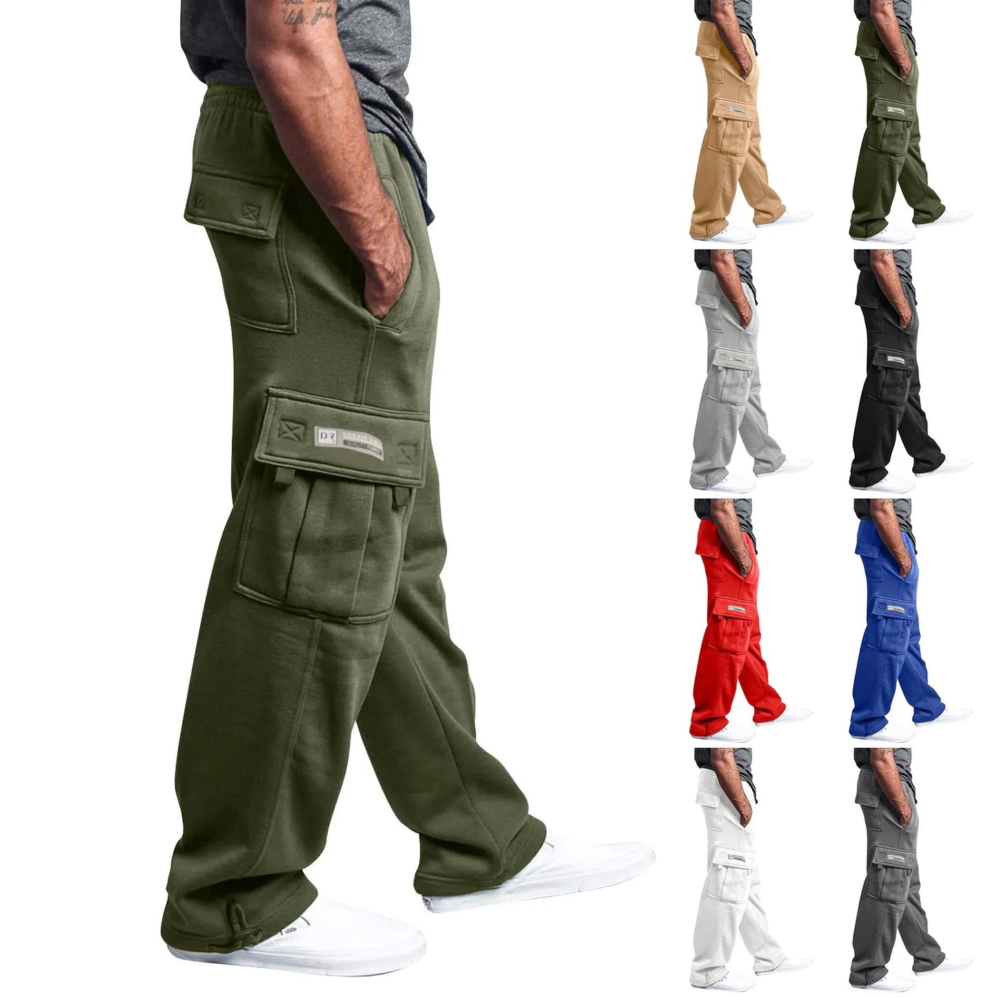 Men's Cargo Pants Rope Loosening Waist Solid Color Pocket Trousers Comfortable Loose Sports Trousers Casual Wide Leg Pants