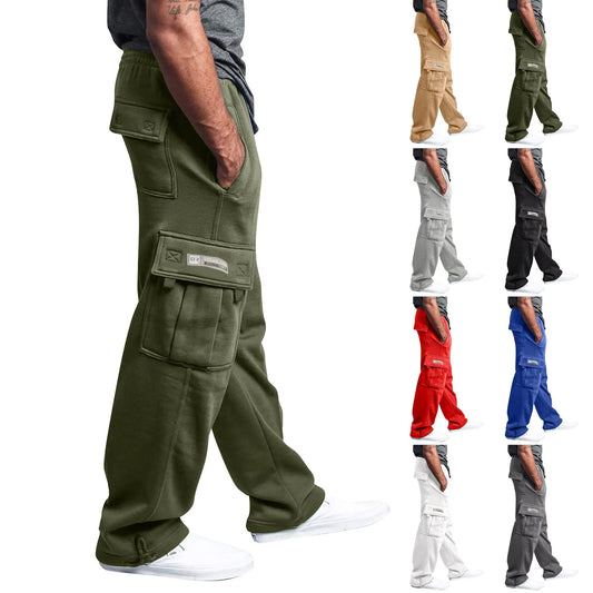 Men's Cargo Pants Rope Loosening Waist Solid Color Pocket Trousers Comfortable Loose Sports Trousers Casual Wide Leg Pants