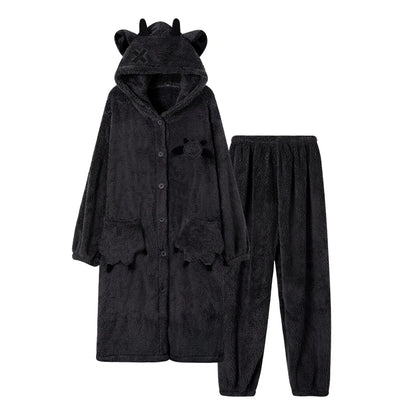 Couple's Black Coral Fleece Pajamas Thickened Fluffy Home Clothes Cartoon Pattern Unisex Long Sleeve Sleepwear for Autumn Winter