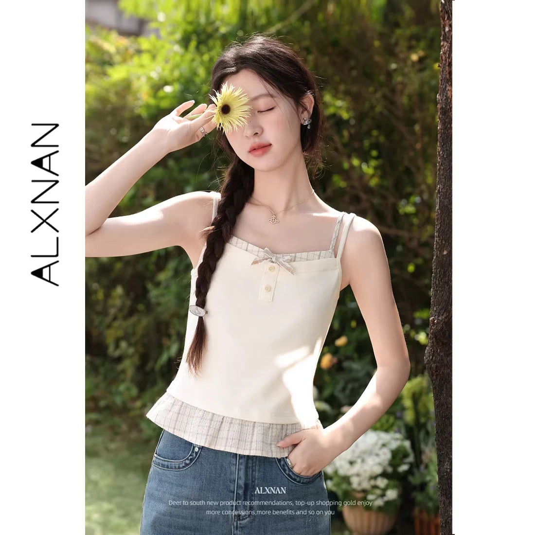 ALXNAN Cream Yellow Plaid Spliced Camisole Women 2026 Summer Elegant Sweet Beach Sleeveless Tops Casual Bow Design Camis L62323