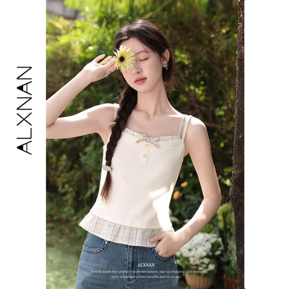ALXNAN Cream Yellow Plaid Spliced Camisole Women 2026 Summer Elegant Sweet Beach Sleeveless Tops Casual Bow Design Camis L62323