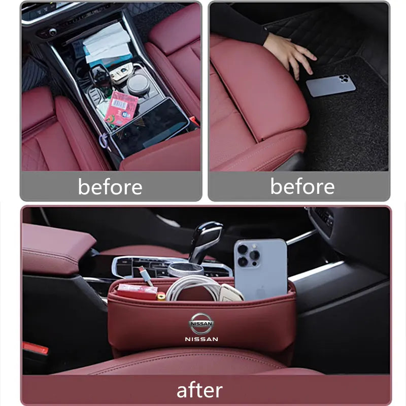Car Organizer Box Leather Crevice Gap Storage Bag For Nissan 350z 370z altima Armada Frontier Kicks Leaf nismo pulsar Qashqai