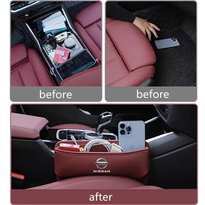Car Organizer Box Leather Crevice Gap Storage Bag For Nissan 350z 370z altima Armada Frontier Kicks Leaf nismo pulsar Qashqai