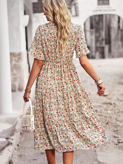 Msfilia Fashion V Neck Elegant Printed Dress Women Summer Short Sleeve High Waist A Line Floral Holiday Dresses