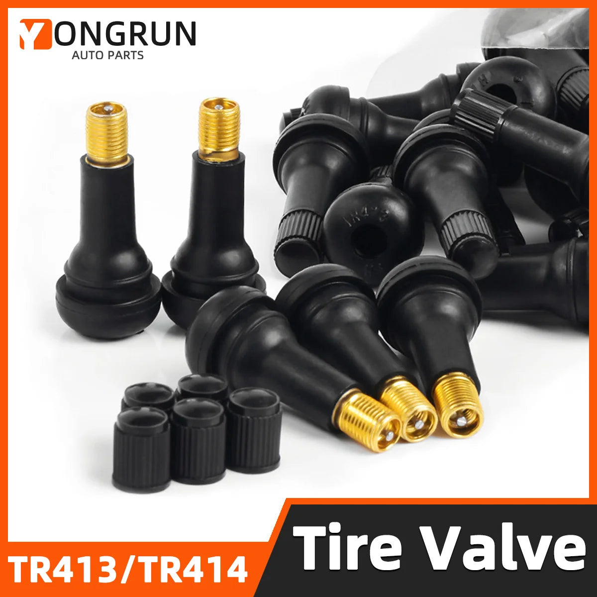 YONGRUN 4/10/50/100PCS Car Tire Valve Stem TR413/TR414 Snap In Tire Valve Stem With Dust Cover Black Rubber Valve Automotive Par