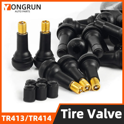 YONGRUN 4/10/50/100PCS Car Tire Valve Stem TR413/TR414 Snap In Tire Valve Stem With Dust Cover Black Rubber Valve Automotive Par