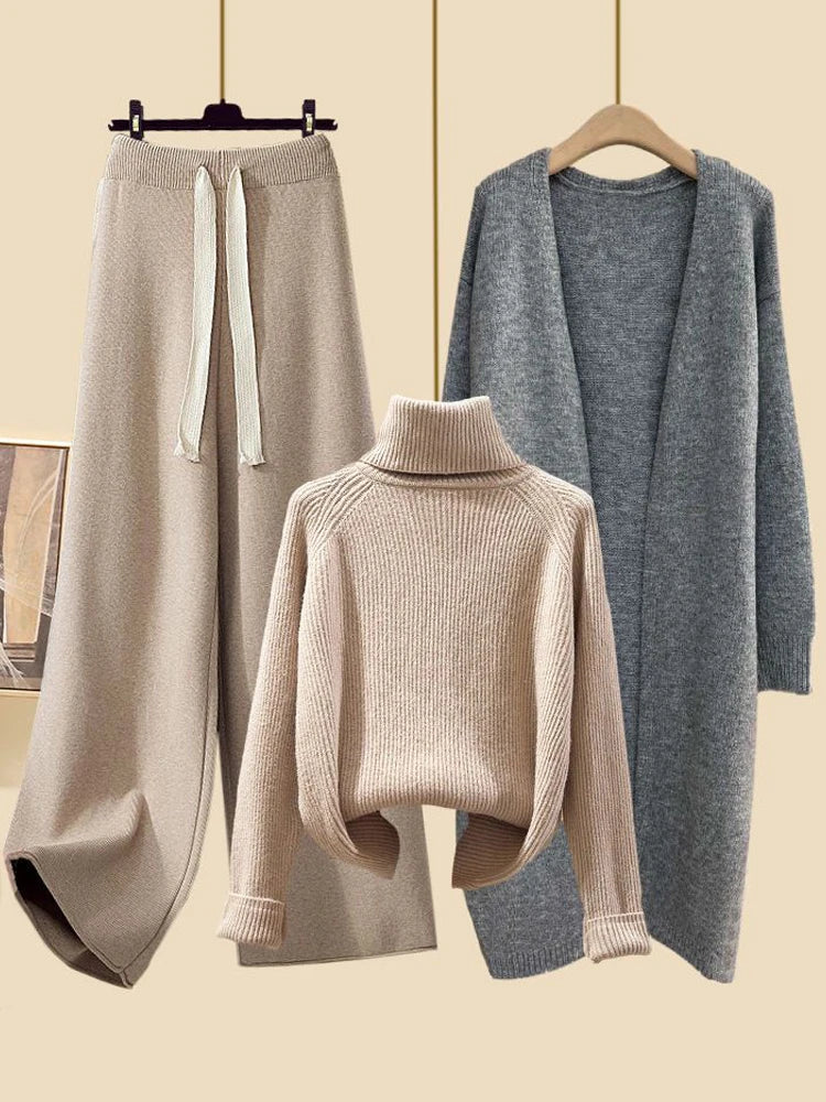 Fashionable Knitted Three-Piece Set Women's Autumn New Lazy Style Open Cardigan Outerwear Slimming Wide Leg Pants