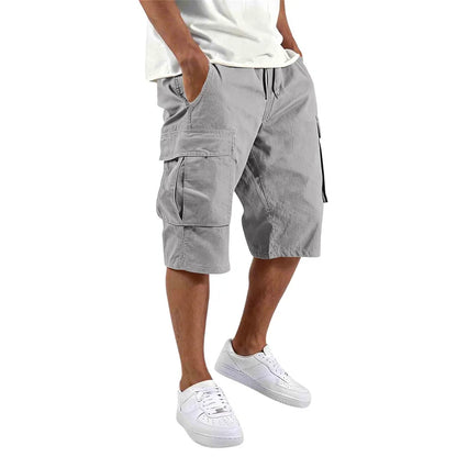 Summer Men Loose Straight Pants Casual Multi-Pocket Shorts Pure Color Fashion Men Shorts Drawstring Daily Cargo Short Pants