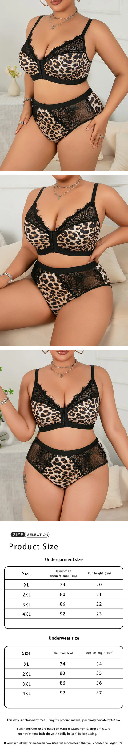 Plus Size Leopard Print Lingerie Set, Ultra-thin Lace Spliced Push-up Full Bust Support Bra