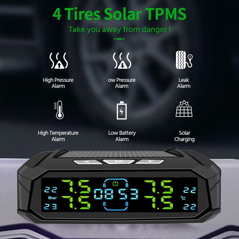 TPMS Car Tire Pressure Monitor System 4 Sensors Solar & USB Charging Intelligent Tyre Pressure Temperature Alarm Monitor