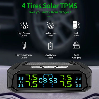 TPMS Car Tire Pressure Monitor System 4 Sensors Solar & USB Charging Intelligent Tyre Pressure Temperature Alarm Monitor