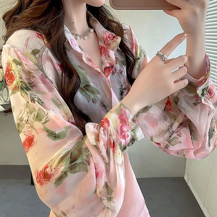 Fashionable Spring Shirt Elegant Korean Style Loose Lantern Sleeve Floral Print Chiffon Top Women's Business Casual Blouse