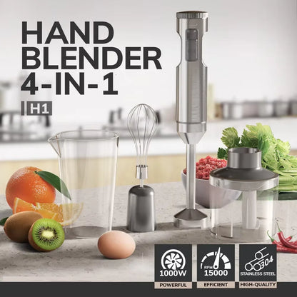 Hand Immersion Blender Powerful 4-in-1,Stainless Steel Stick Food Mixer,700ml Mixing Beaker,500ml Processor,Whisk