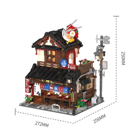 1670PCS Japanese Ramen Restaurant with Lights Building Blocks Set, City Street Scene Architectural Model Ornament, Birthday Gift