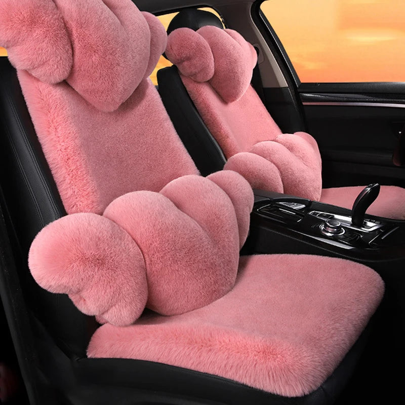 2/3/4pcs Super Soft Fluffy Rabbit Faux Fur Car Seat Cover Winter Plush Warm Thick Home Car Seat Cushion Pad Neck/Waist Pillow