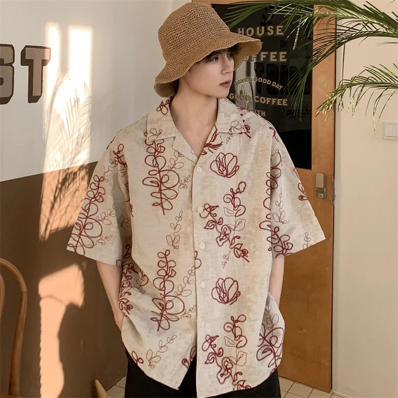2026 Retro Floral Embroidered Summer Shirts For Men Linen Contrast-Color Print Casual T-Shirts Street Fashion Cuban Collar Tops