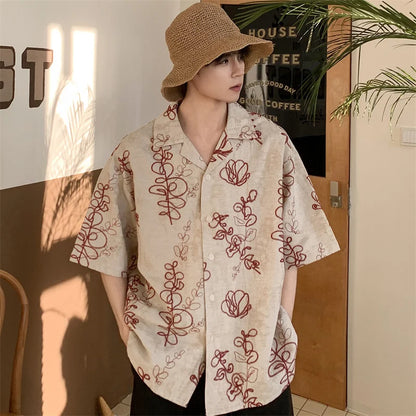 2026 Retro Floral Embroidered Summer Shirts For Men Linen Contrast-Color Print Casual T-Shirts Street Fashion Cuban Collar Tops