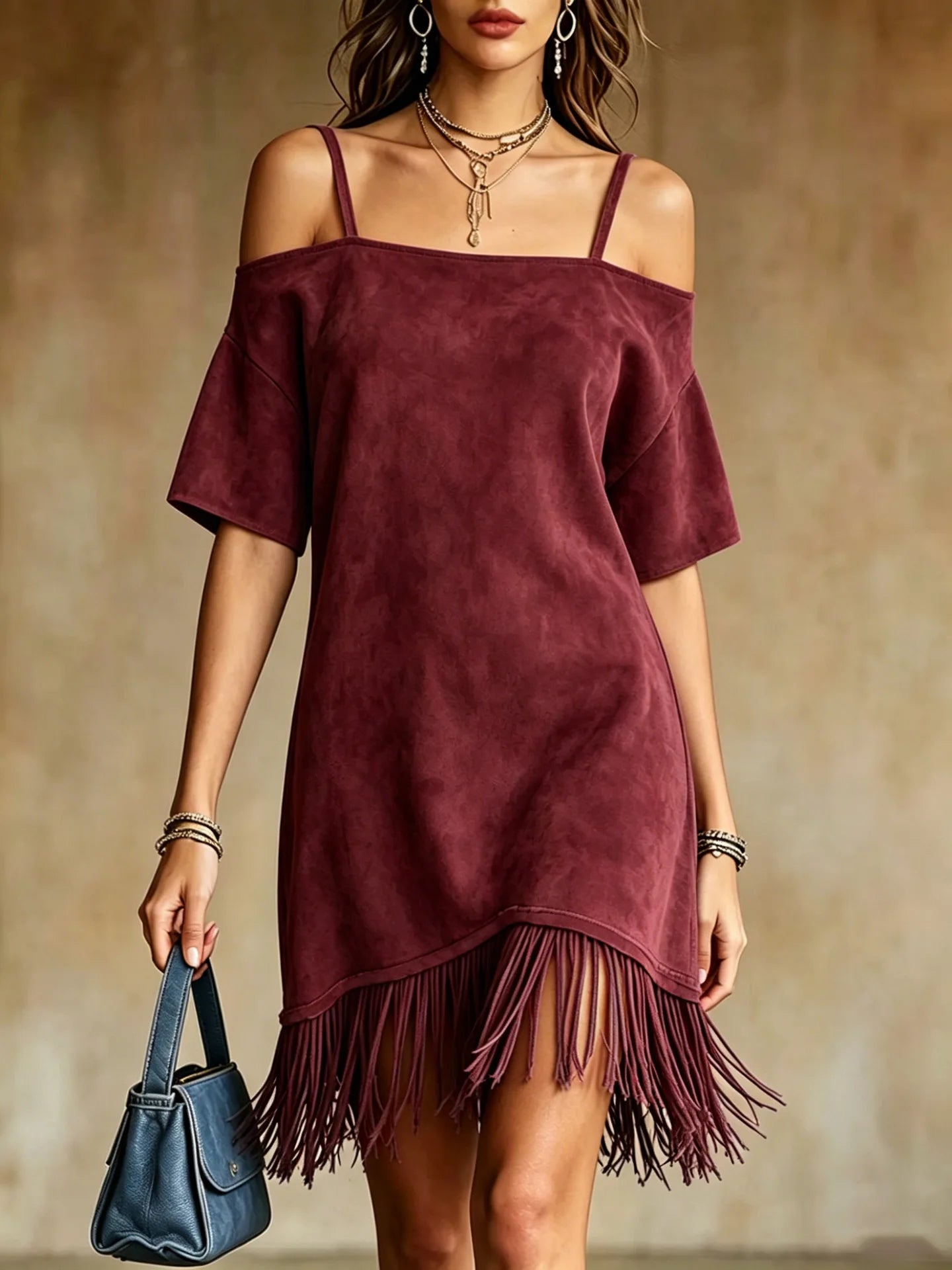 Casual Solid Color Suede Mini Dress Women Off Shoulder Spaghetti Strap Loose Fit Tassel Hem Elegant Daily Wear Chic Sundresses