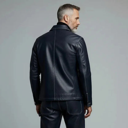 Men's 2 Piece PU Leather Suit Set Multi Pocket Shirt Collar Trucker Jacket Straight Leg Pants Business Casual Streetwear Outfits