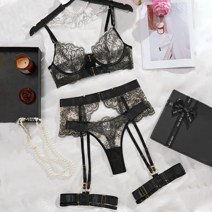 Luxury Black Flower Embroidery Lingerie 4 Pcs Sets Fancy Underwear Mesh Transparent Metal Buckle Bra and Thong Garter Erotic Set