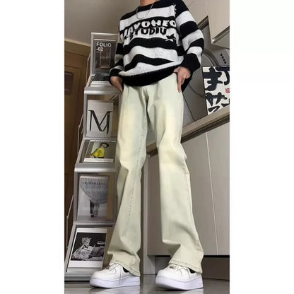 Men's Y2K Flare Jeans Vintage Washed Straight Leg Denim Pants Stacked Long Trousers Streetwear Loose Fit Bottoms