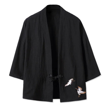 Men Kimono Crane Embroidery Harajuku Japanese Style Cardigan Casual Cotton Men Samurai Costume Yukata Asian Clothes Men Jackets