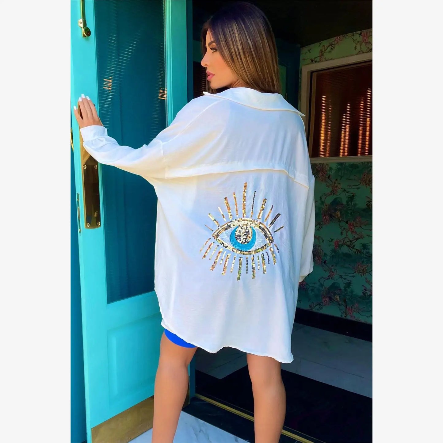 Spring Summer 2024 Women's Casual Evil Eye Shirt Long Sleeve Turn-down Collar Regular Length Other Material 100% Fashion Ladi...
