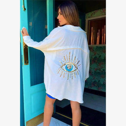 Spring Summer 2024 Women's Casual Evil Eye Shirt Long Sleeve Turn-down Collar Regular Length Other Material 100% Fashion Ladi...
