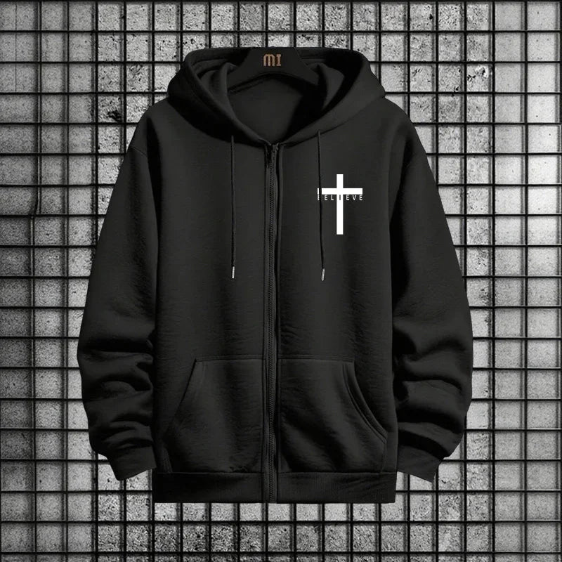 Cross of Christ Mens Hip Hop Tracksuit Set 2026 New 2 Piece Outfit Zipper Hoodie Joggers Urban Streetwear Autumn Winter Fashion