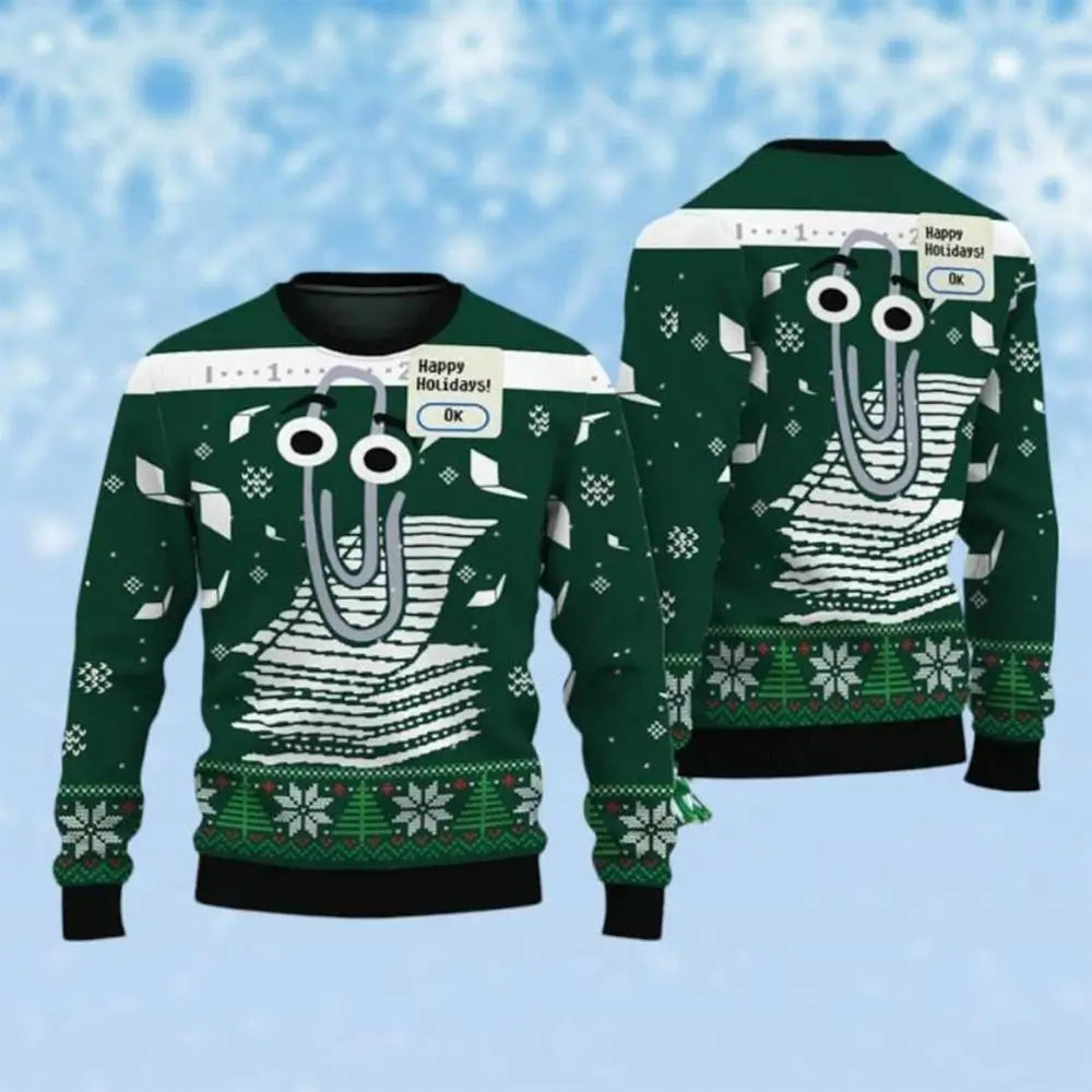 Funny Cute Paperclip Ugly Christmas Sweater Men Women Personality 3D Print Pullover Sweater Unique Festival Long Sleeves Tops