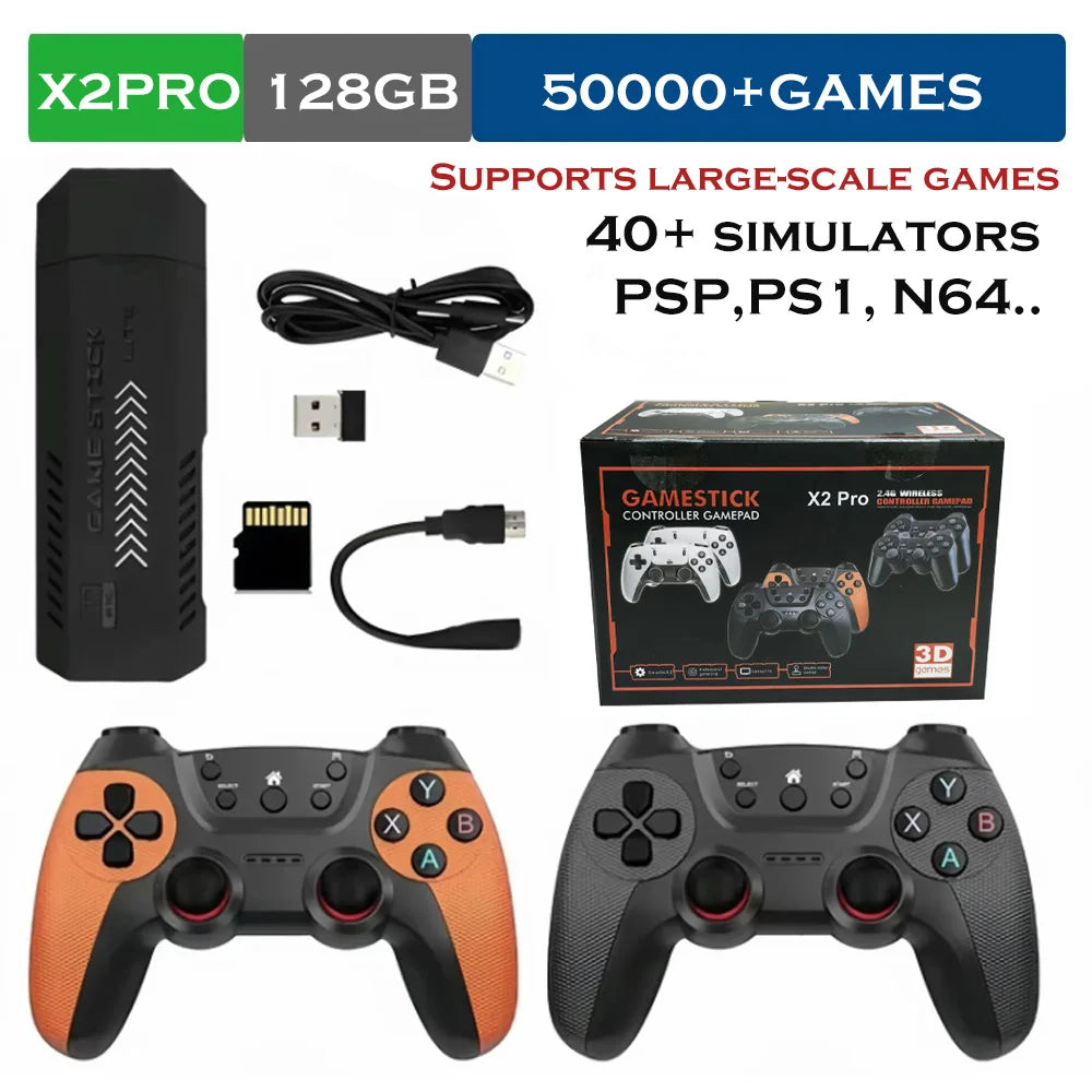 The X2 Pro video game console comes with 50,000 retro games and over 40 emulators, and is compatible with PS1/N64/PSP.