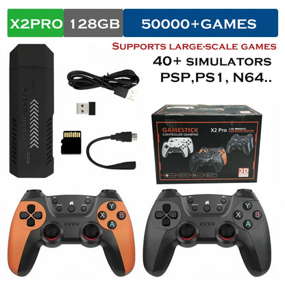 The X2 Pro video game console comes with 50,000 retro games and over 40 emulators, and is compatible with PS1/N64/PSP.