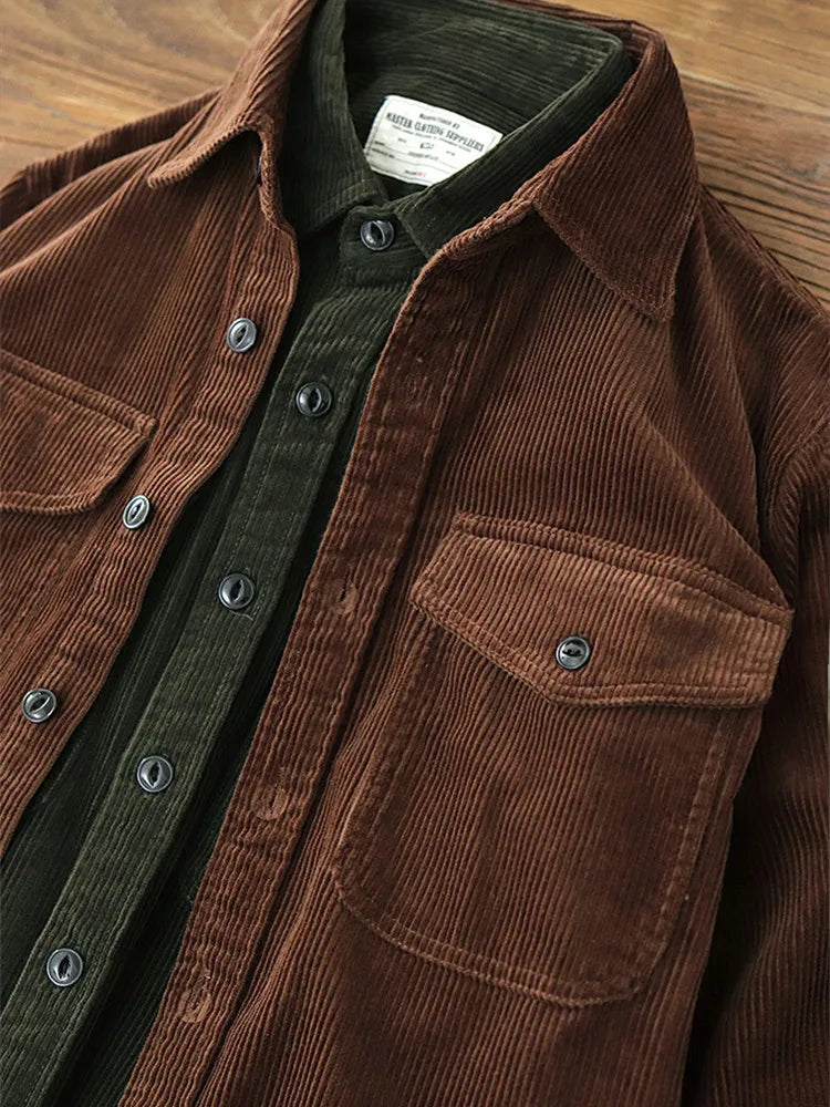 Autumn and Winter New American Retro Thick Corduroy Solid Color Cargo Shirt Men's Pure Cotton Long-sleeved Pocket Casual Blouses