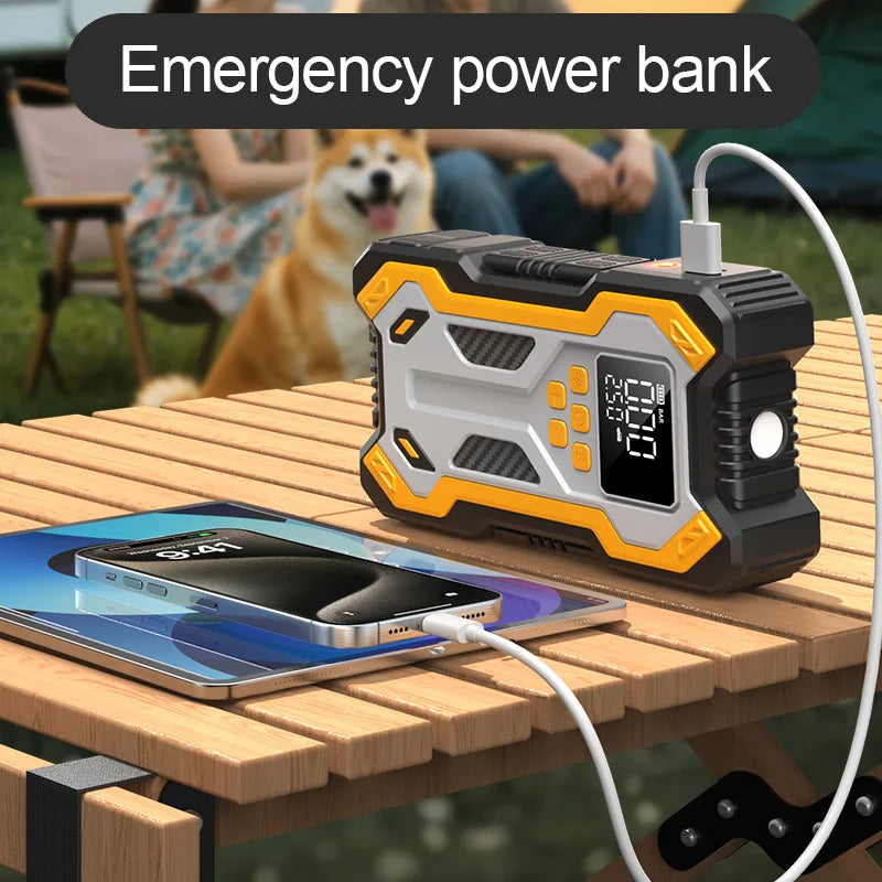 10000mAh 12V Multi-Function Car Jump Starter, Air Compressor & Wireless Power Bank Smart Clamps Gas & Diesel Cars